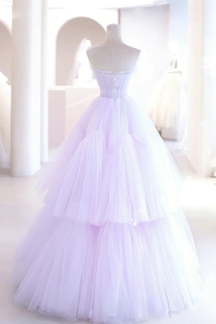 Pretty A-Line Strapless Tiered Tulle Purple Long Formal Prom Dress princess Dress