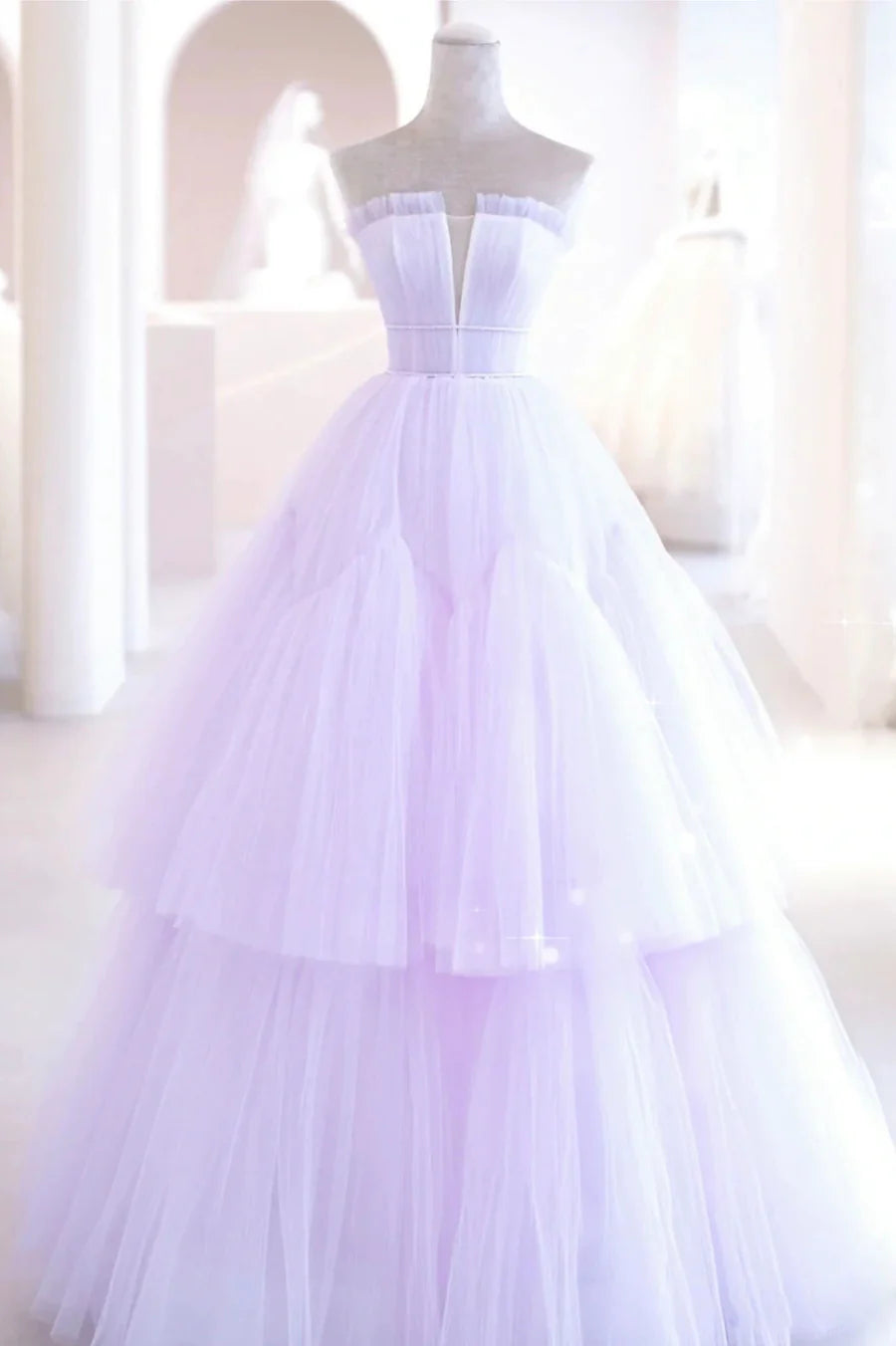 Pretty A-Line Strapless Tiered Tulle Purple Long Formal Prom Dress princess Dress