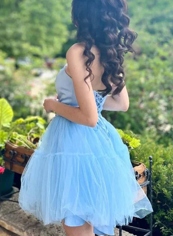 Pretty A-Line Strapless V Neck Rhinestone Sky Blue Mini Homecoming Dress