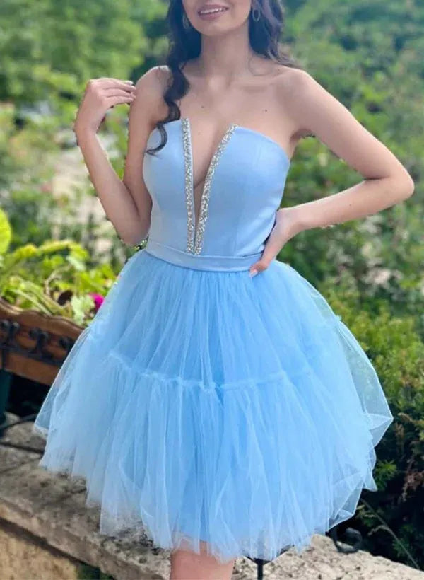 Pretty A-Line Strapless V Neck Rhinestone Sky Blue Mini Homecoming Dress