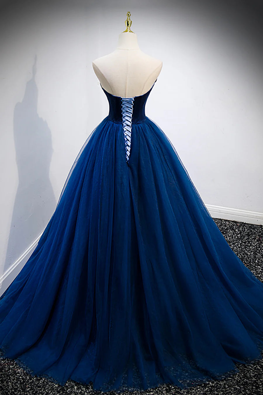 Pretty A-Line Strapless Velvet Tulle Blue Long Prom Dresses With Beaded