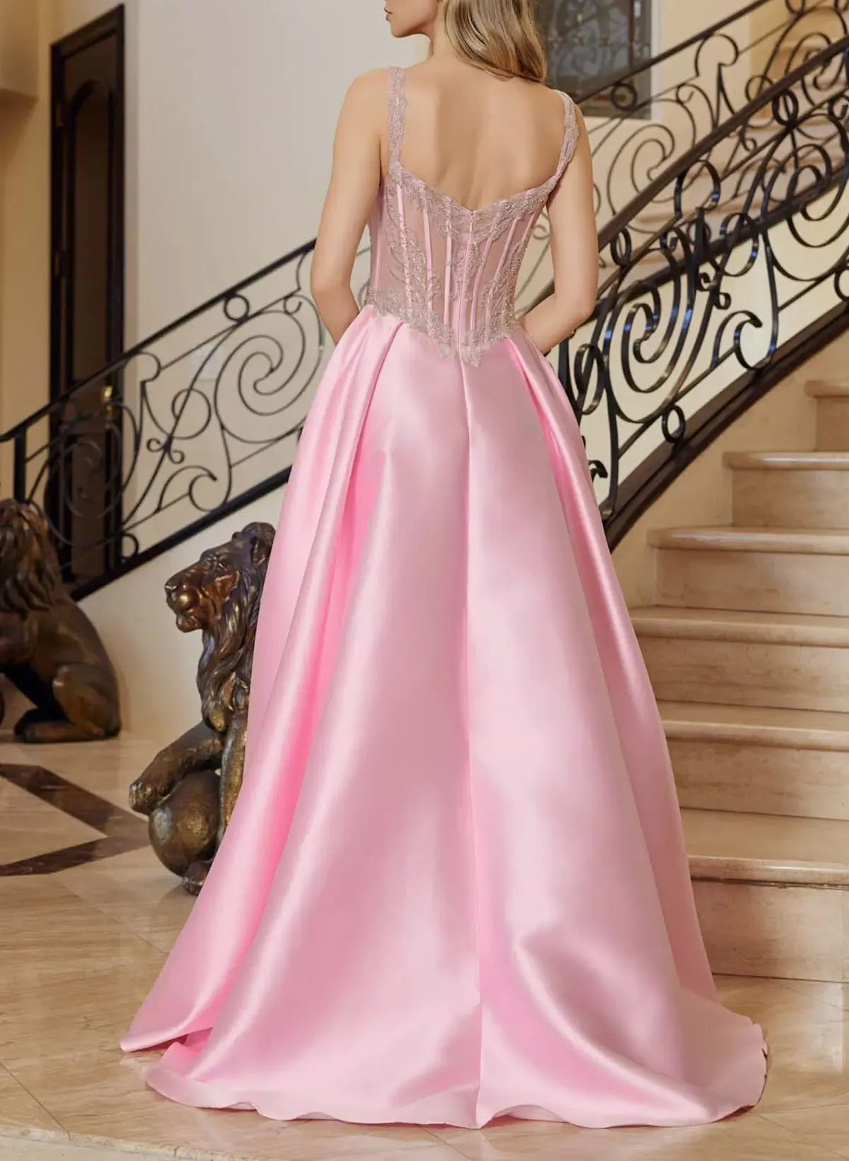 Pretty A-Line Sweetheart Corset Appliques High-Slit Satin Pink Floor-Length Prom Dress