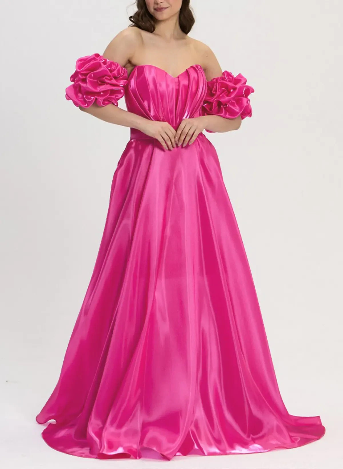 Pretty A-Line Sweetheart Detachable Sleeves Pleated Hot Pink Floor-Length Prom Dress