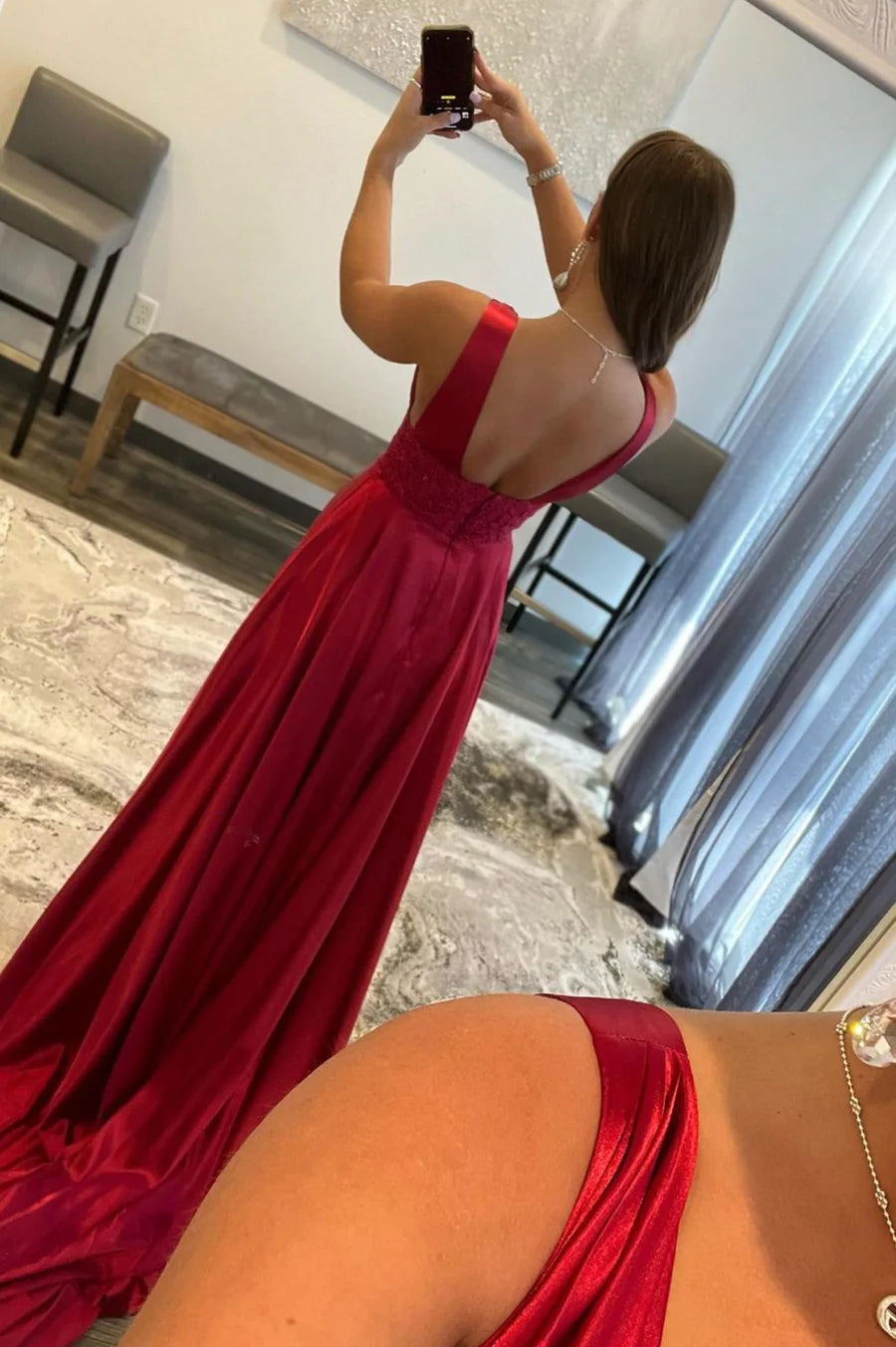 Pretty A-Line V-Neck Sleeveless Satin Burgundy Long Prom Dress With High Slit