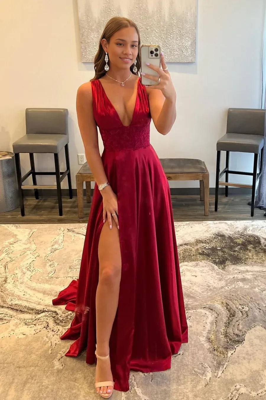 Pretty A-Line V-Neck Sleeveless Satin Burgundy Long Prom Dress With High Slit