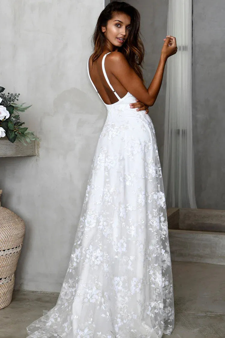 Pretty A-Line V-Neck Spaghetti Strap Floral Lace White Train Beach Wedding Dress