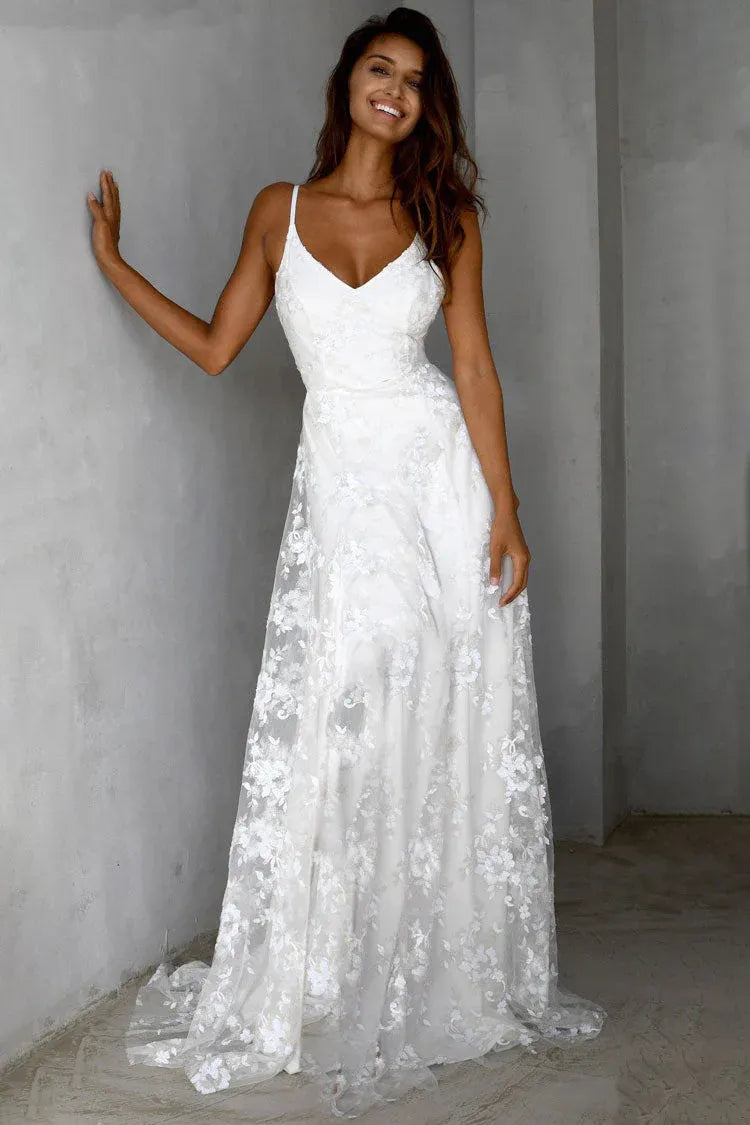 Pretty A-Line V-Neck Spaghetti Strap Floral Lace White Train Beach Wedding Dress