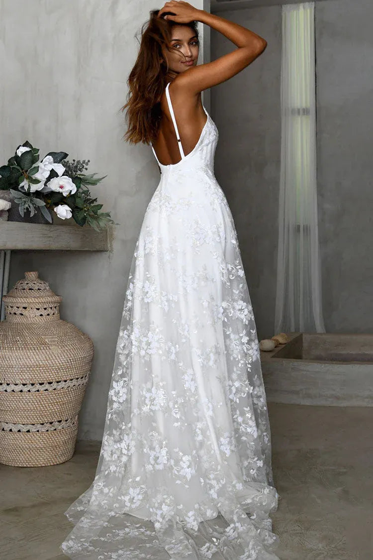Pretty A-Line V-Neck Spaghetti Strap Floral Lace White Train Beach Wedding Dress