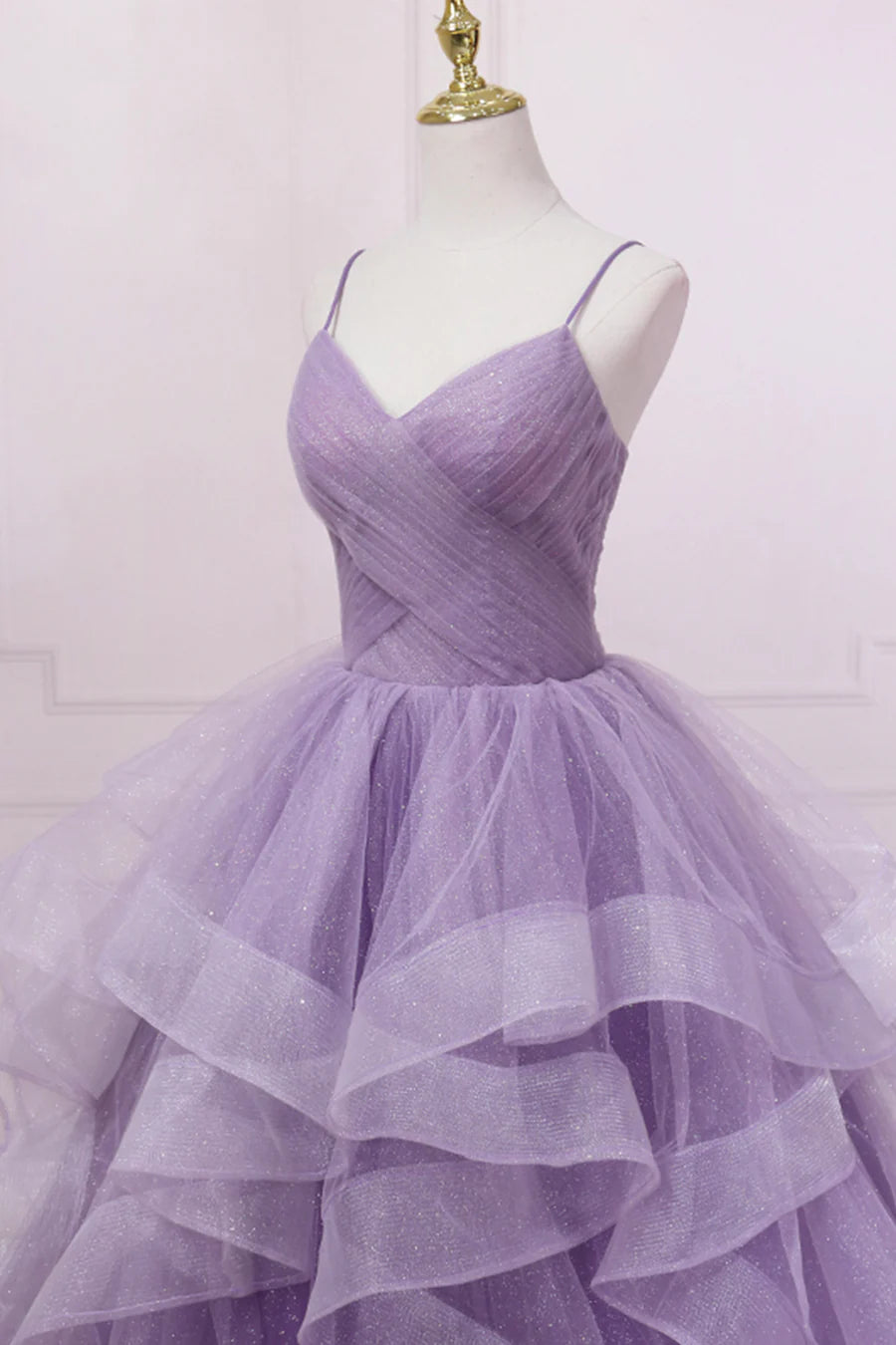 Pretty A-Line V Neck Spaghetti Strap Pleated Sequins Tulle Purple Long Prom Dress