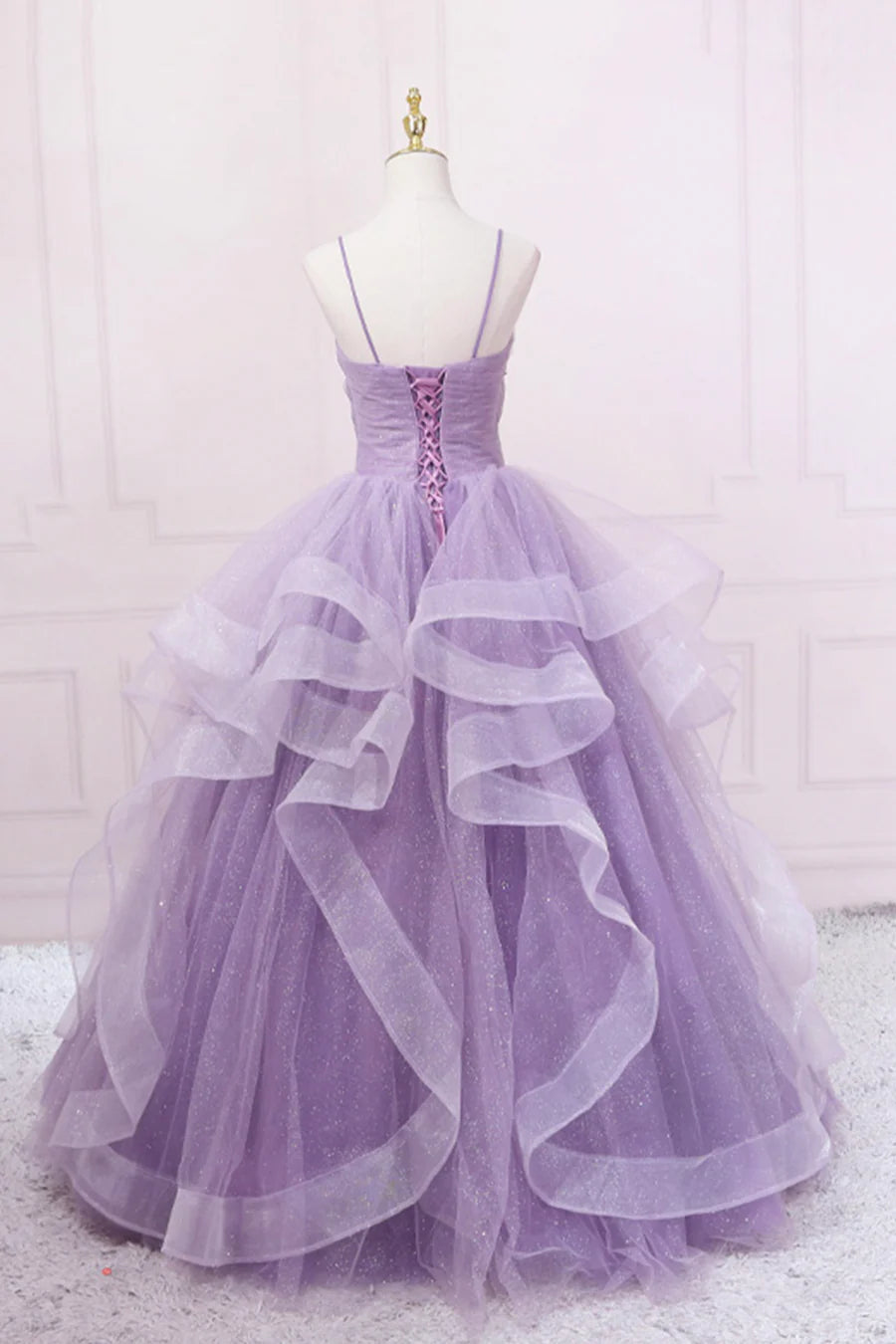 Pretty A-Line V Neck Spaghetti Strap Pleated Sequins Tulle Purple Long Prom Dress