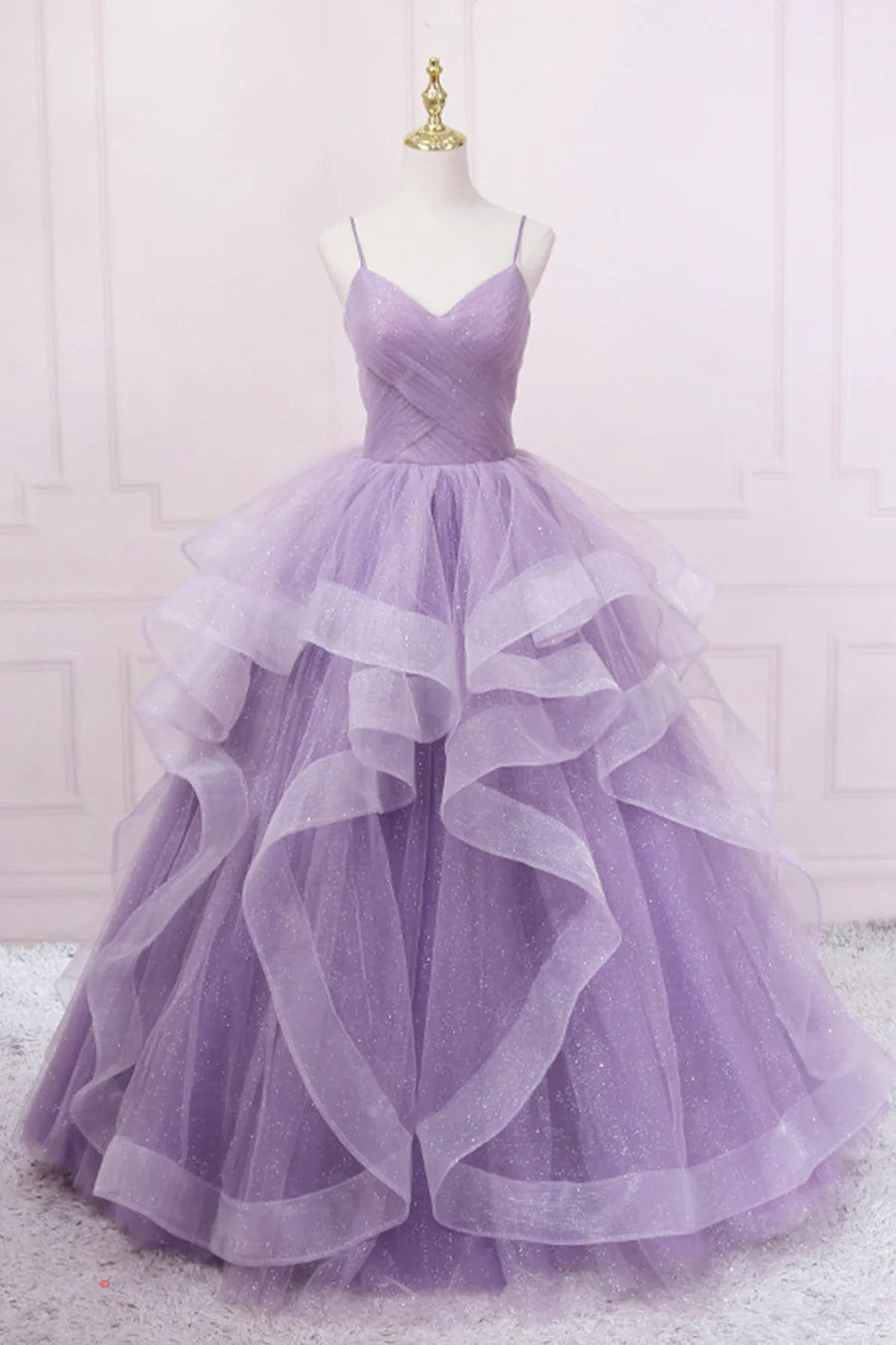 Pretty A-Line V Neck Spaghetti Strap Pleated Sequins Tulle Purple Long Prom Dress