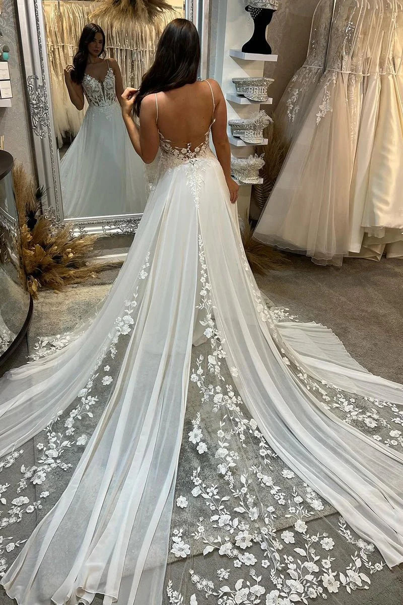 Pretty A-Line White Chiffon V Neck Spaghetti Straps Boho Appliques Long Wedding Dresses