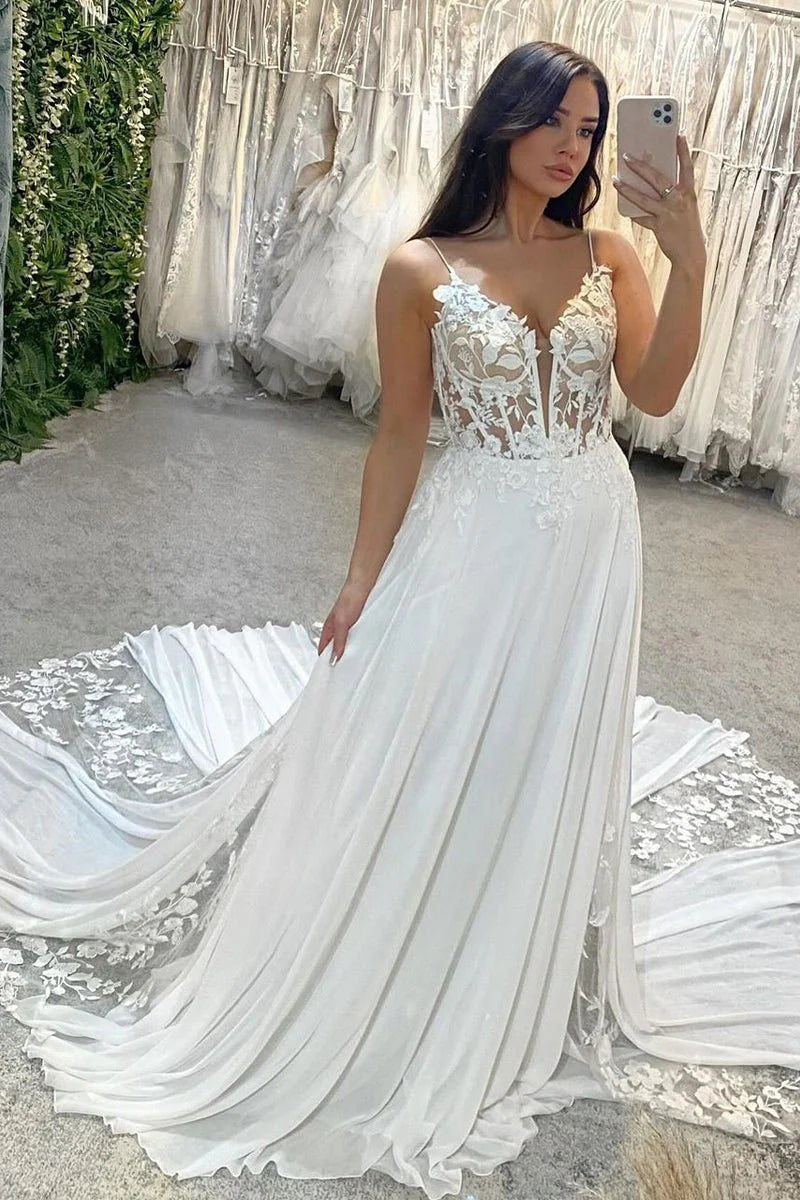 Pretty A-Line White Chiffon V Neck Spaghetti Straps Boho Appliques Long Wedding Dresses