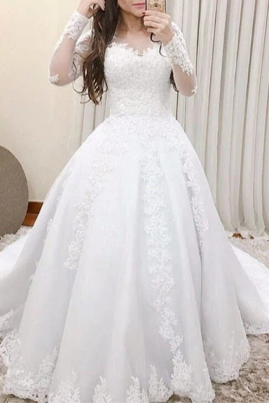 Pretty A-Line White Tulle Lace Long Sleeves Sweetheart Neck Appliques Wedding Dresses