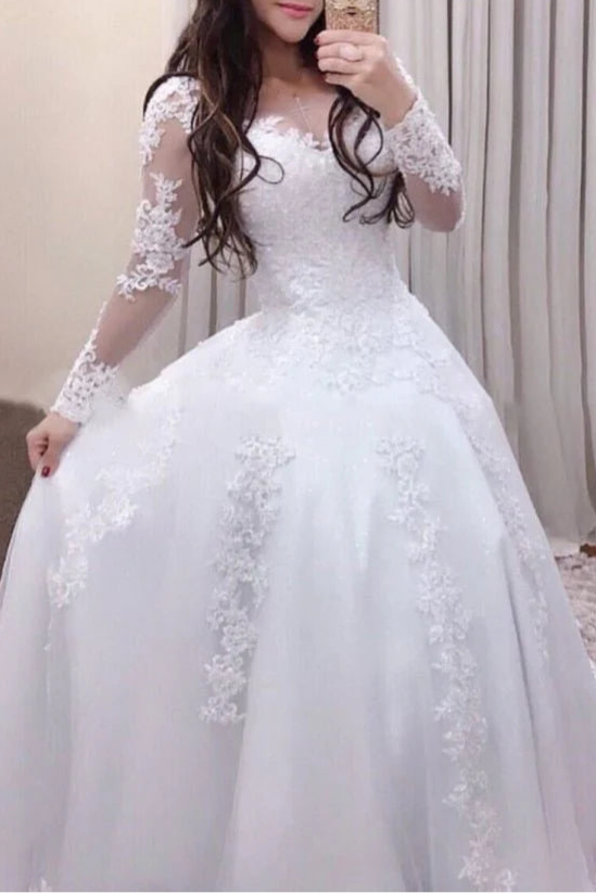 Pretty A-Line White Tulle Lace Long Sleeves Sweetheart Neck Appliques Wedding Dresses