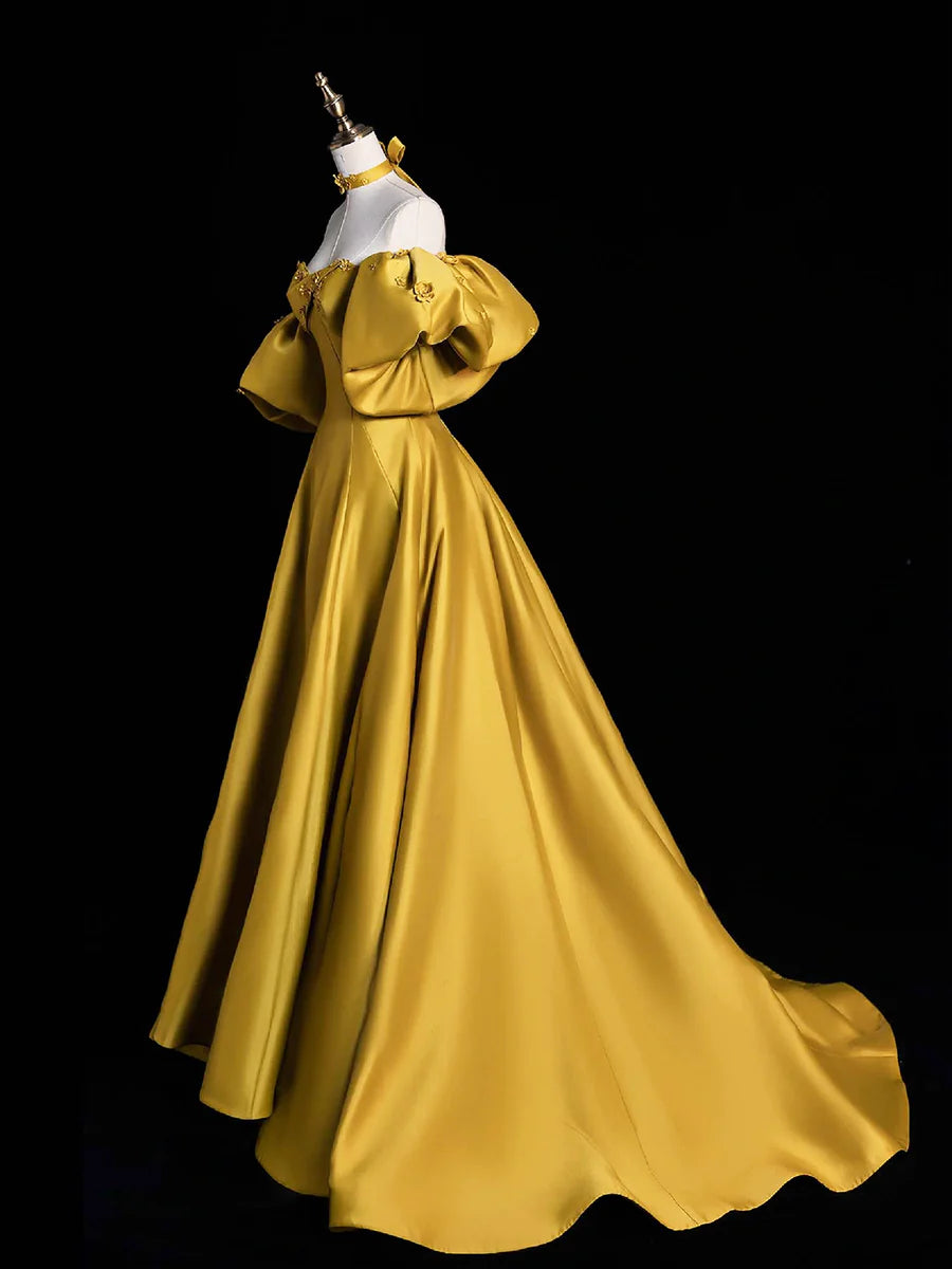 Pretty A-Line Yellow Satin Puff Short Sleeves Long Prom Dress Off the Shoulder Evening Party Dress