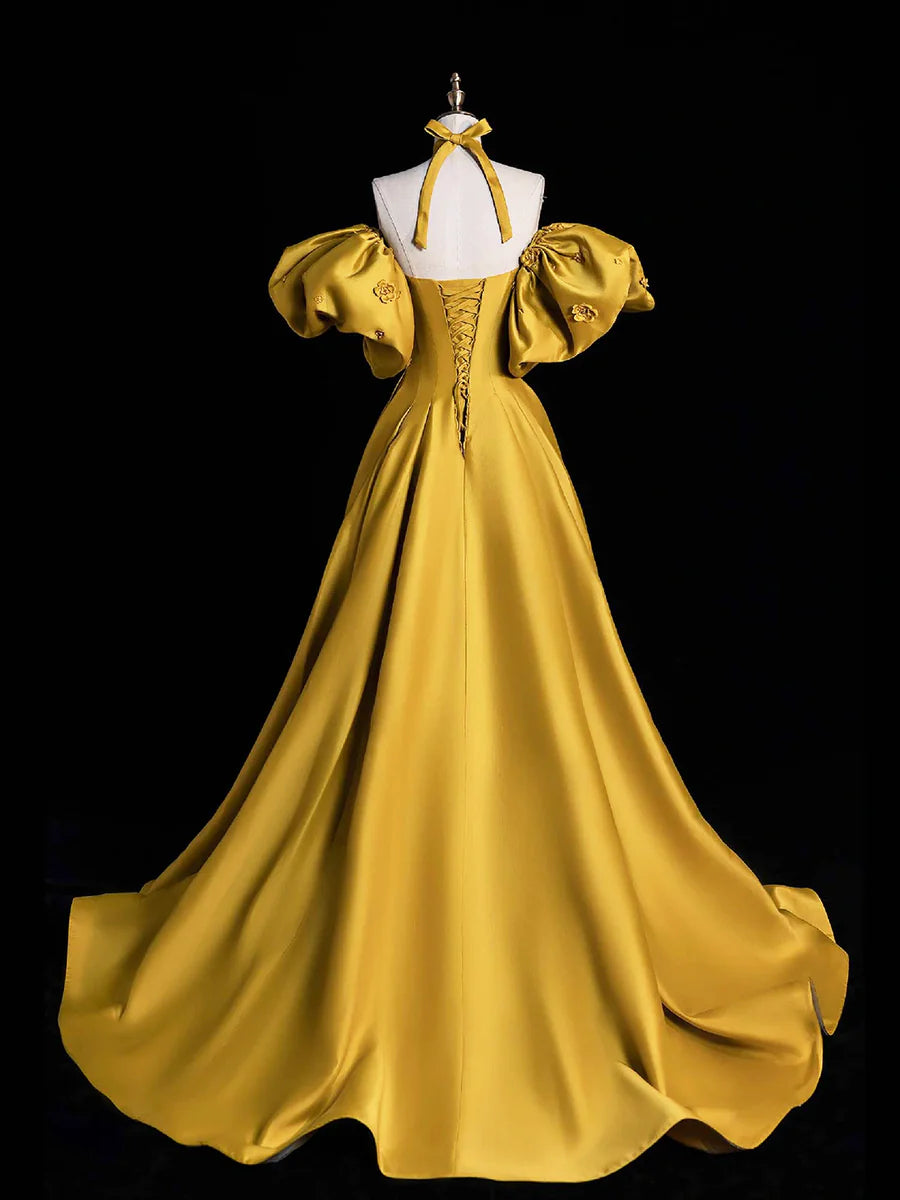 Pretty A-Line Yellow Satin Puff Short Sleeves Long Prom Dress Off the Shoulder Evening Party Dress