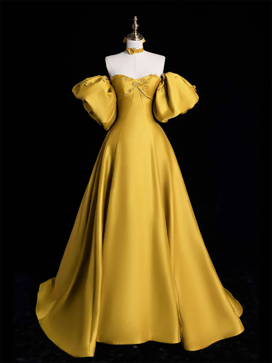 Pretty A-Line Yellow Satin Puff Short Sleeves Long Prom Dress Off the Shoulder Evening Party Dress