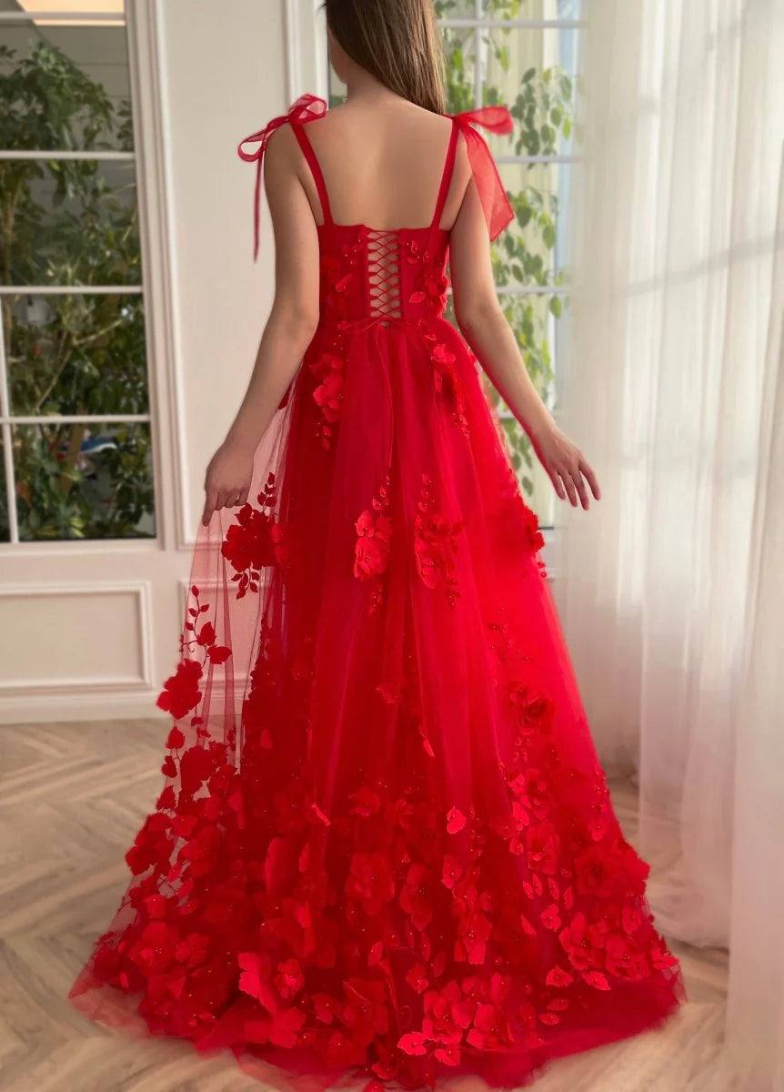 Pretty A-line 3D Flower Beaded Tulle Red Long Prom Dress With Slit