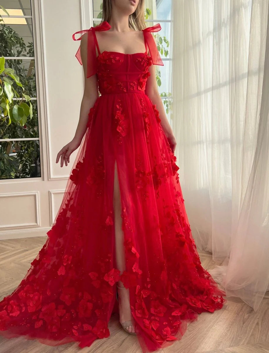 Pretty A-line 3D Flower Beaded Tulle Red Long Prom Dress With Slit