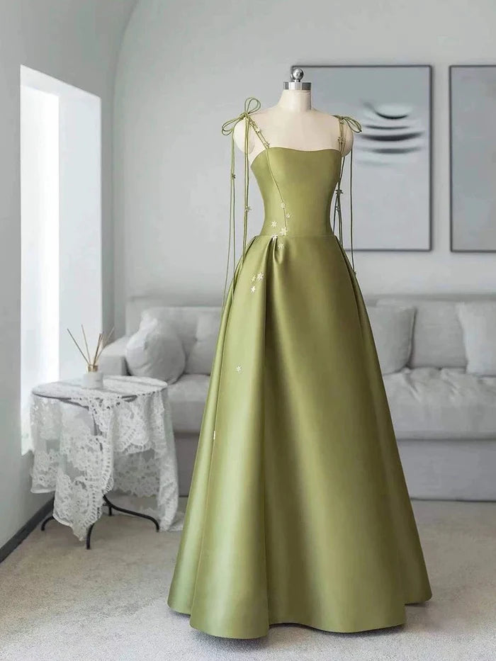 Pretty A-line Spaghetti Straps Satin Sage Green Long Evening Dress Prom Dress