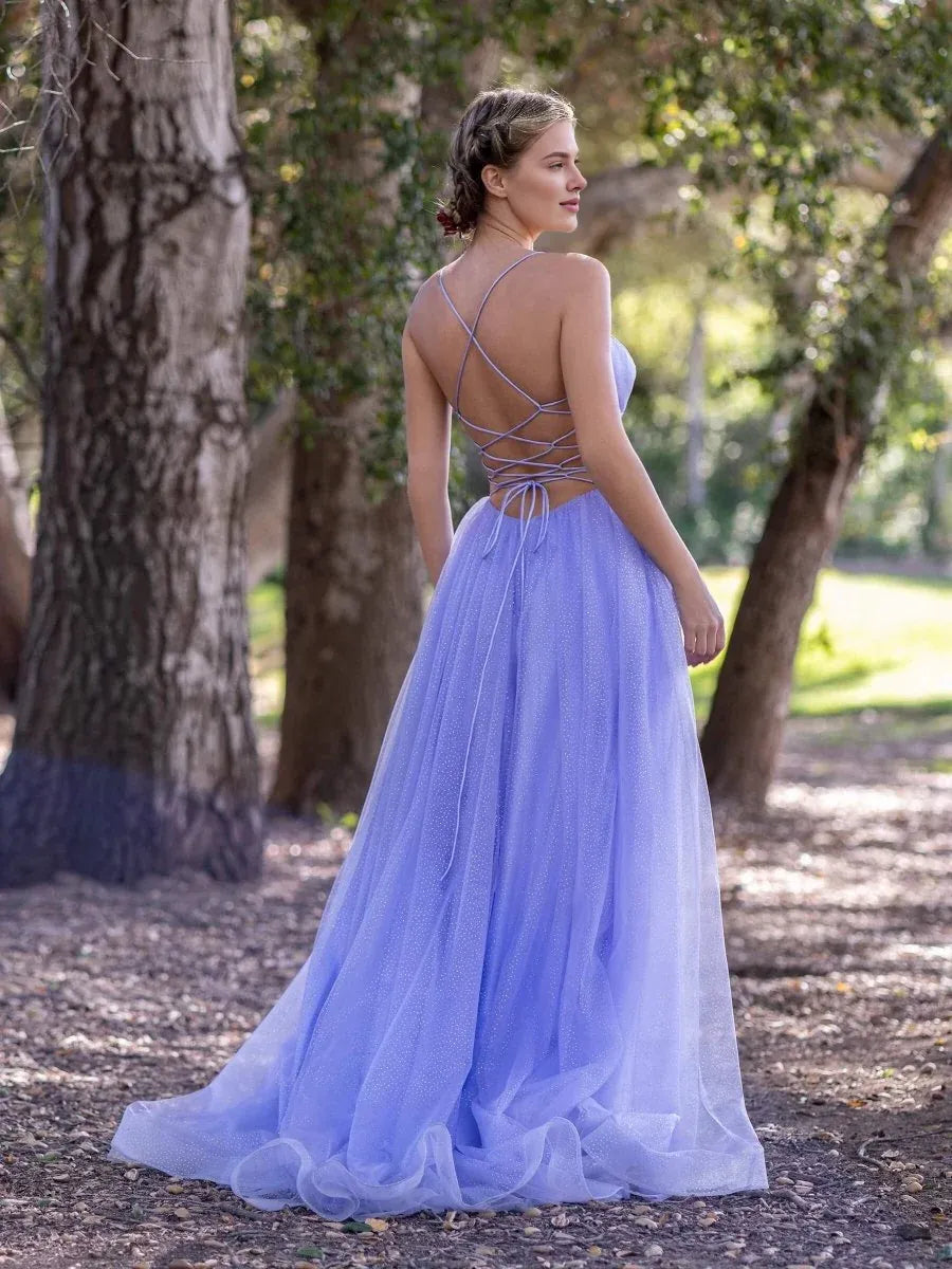 Pretty A-line Spaghetti Straps Tulle Lilac Floor Length Prom Dress