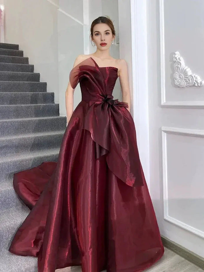 Pretty A-line Strapless Pleated Organza Burgundy Long Evening Dress Prom Dress