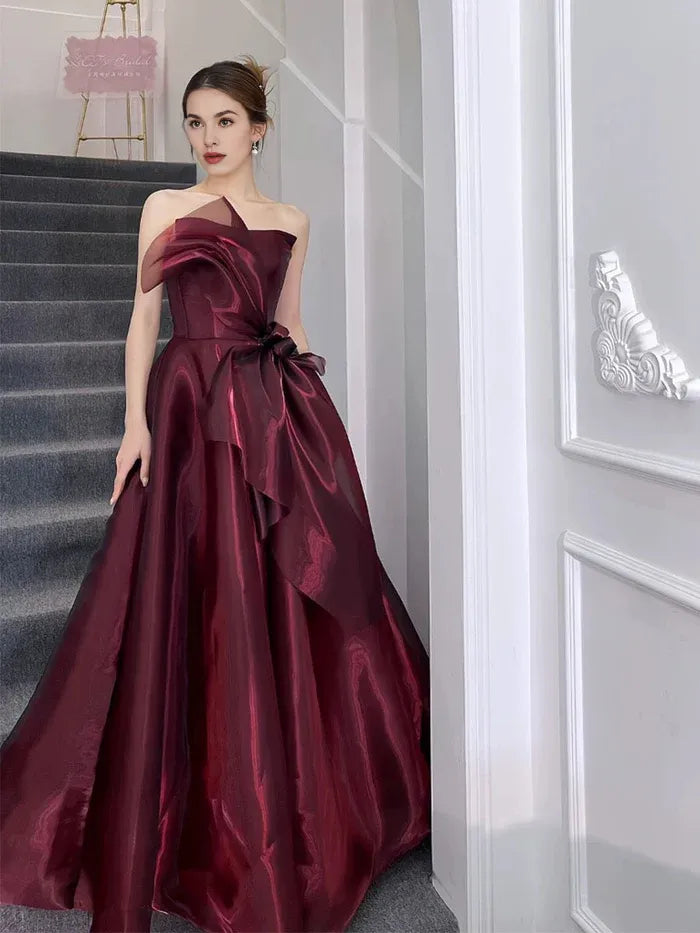 Pretty A-line Strapless Pleated Organza Burgundy Long Evening Dress Prom Dress