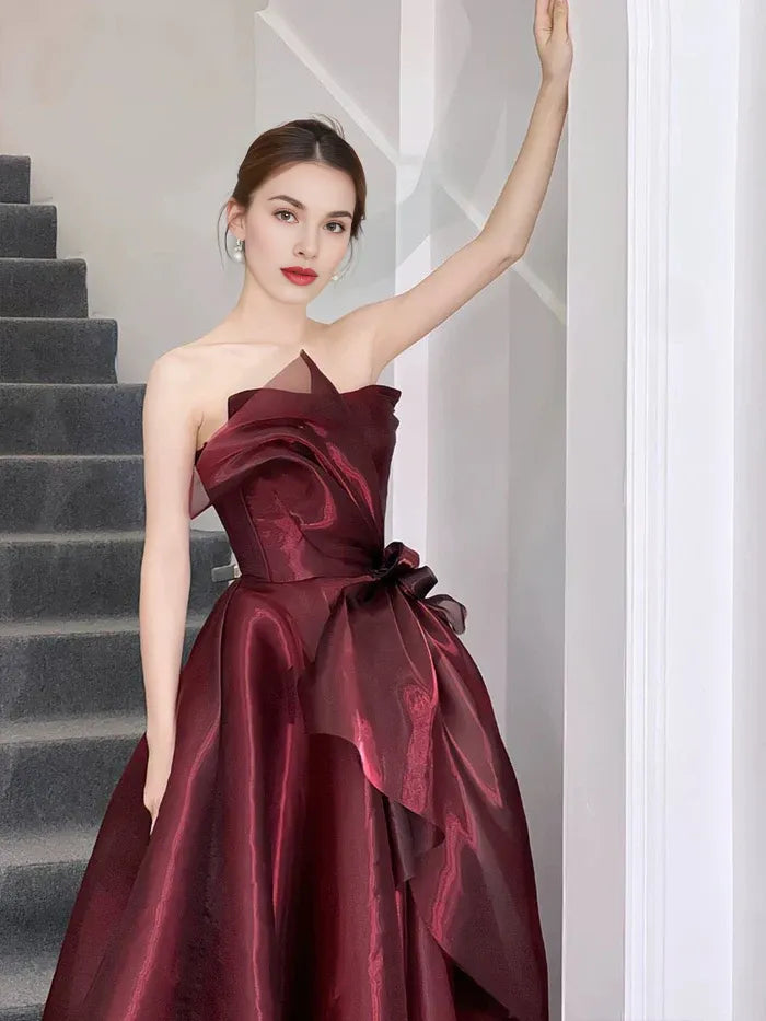 Pretty A-line Strapless Pleated Organza Burgundy Long Evening Dress Prom Dress