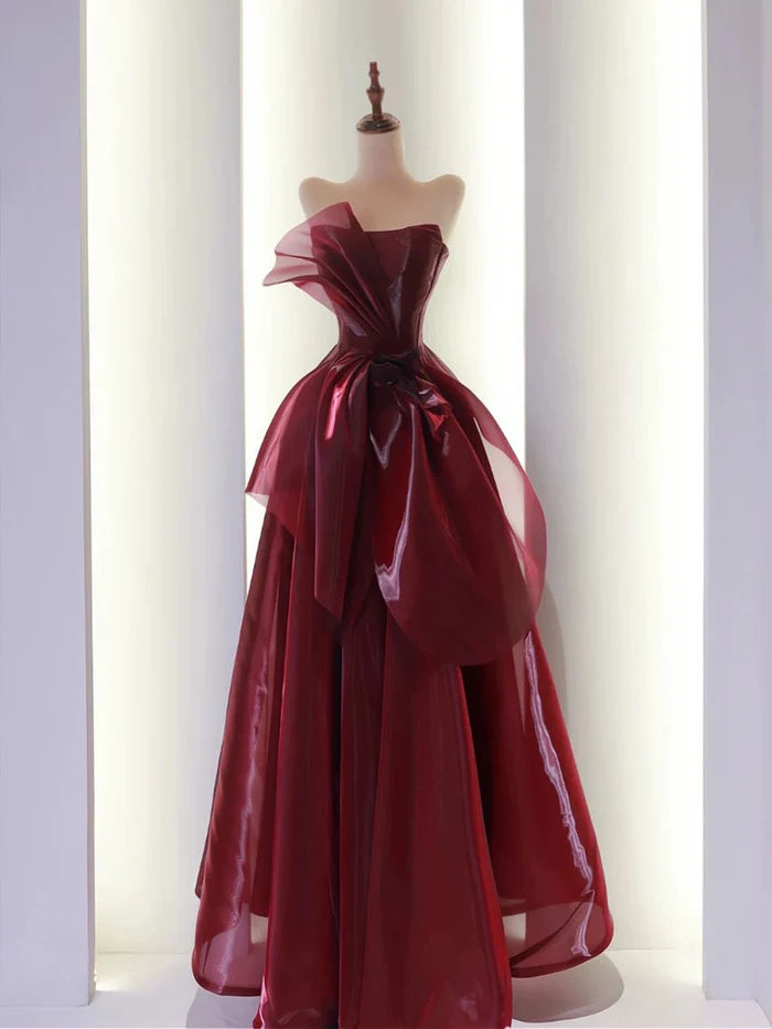 Pretty A-line Strapless Pleated Organza Burgundy Long Evening Dress Prom Dress