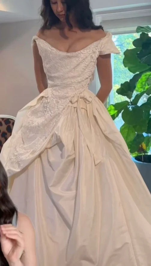 Pretty A Line Floral Lace Off Shoulder Bow Floor Length Discount Long Wedding Dress