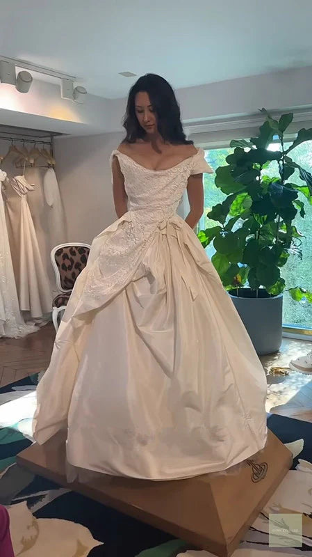 Pretty A Line Floral Lace Off Shoulder Bow Floor Length Discount Long Wedding Dress