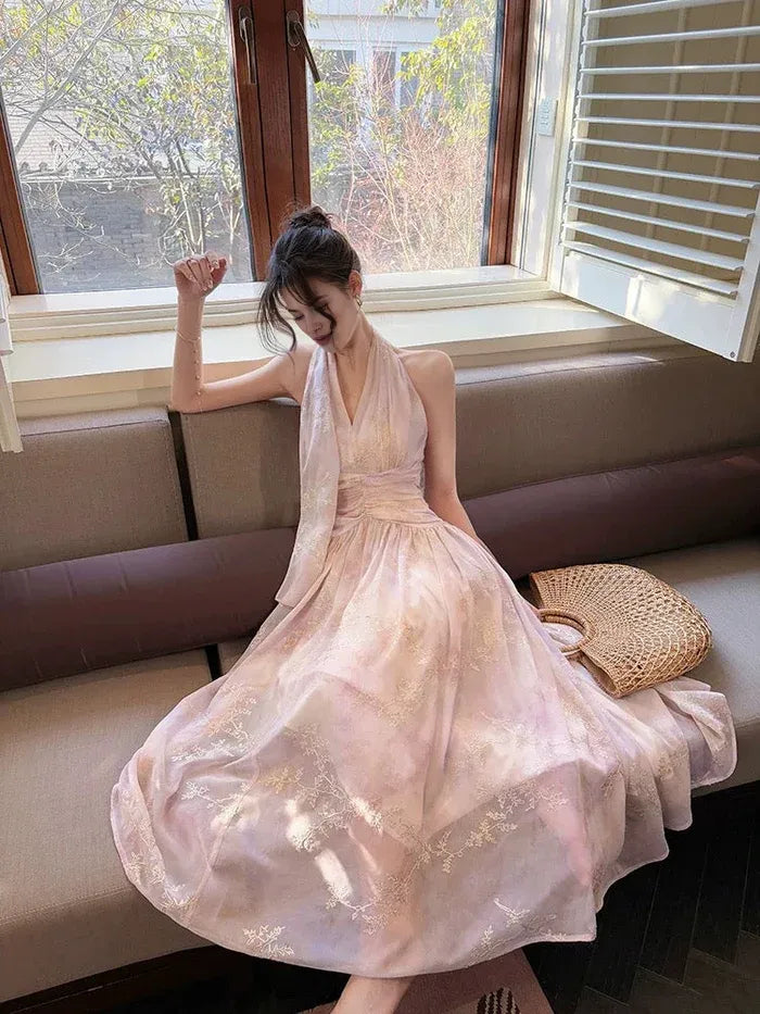 Pretty A Line Halter Pleated Floral Chiffon Pink Ankle Length Prom Dress