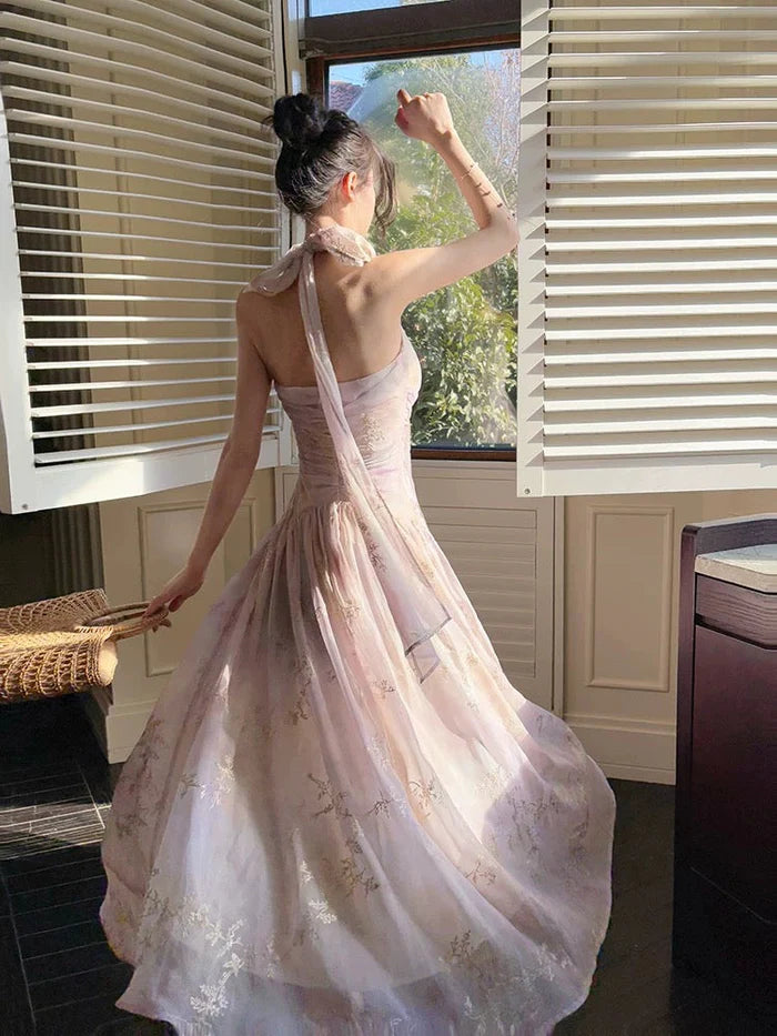 Pretty A Line Halter Pleated Floral Chiffon Pink Ankle Length Prom Dress