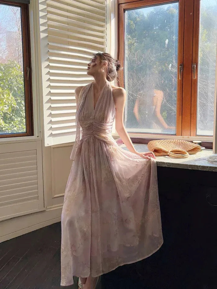 Pretty A Line Halter Pleated Floral Chiffon Pink Ankle Length Prom Dress