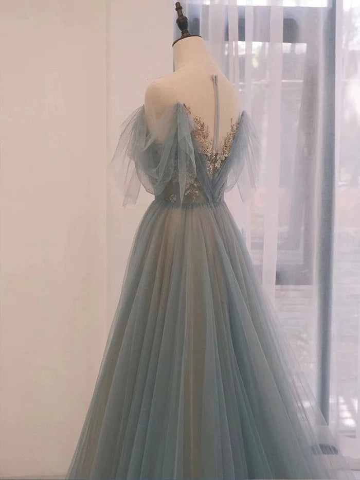 Pretty A Line Round Neck Sequins Applique Tulle Blue Long Prom Dress