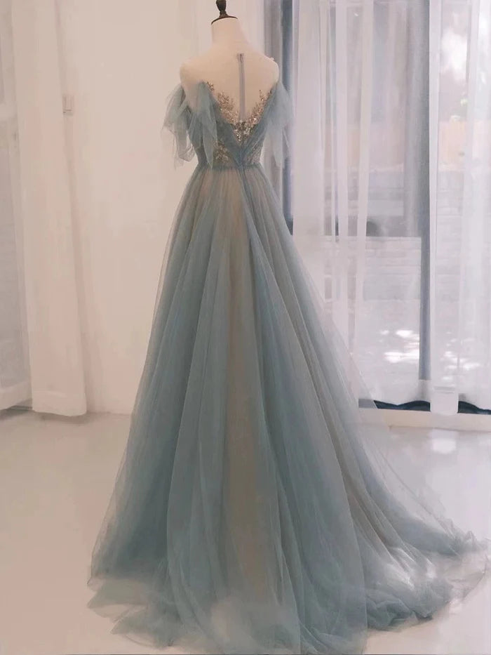 Pretty A Line Round Neck Sequins Applique Tulle Blue Long Prom Dress