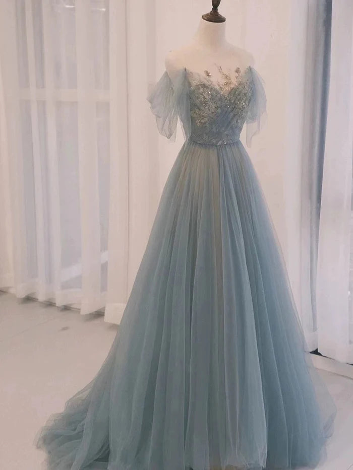 Pretty A Line Round Neck Sequins Applique Tulle Blue Long Prom Dress
