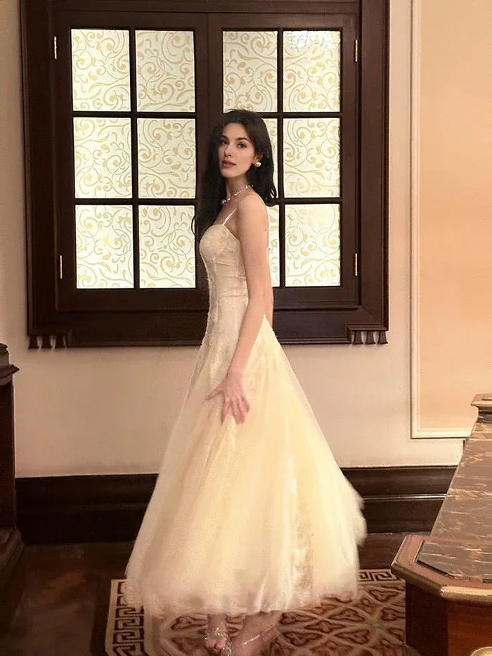 Pretty A Line Spaghetti Straps Floral Tulle Champagne Ankle Length Prom Dress