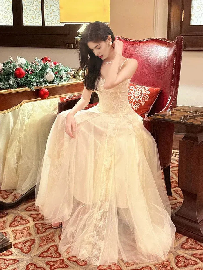 Pretty A Line Spaghetti Straps Floral Tulle Champagne Ankle Length Prom Dress