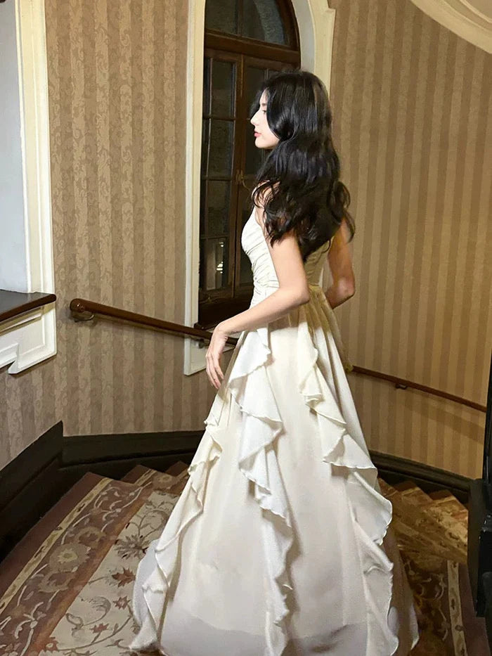 Pretty A Line Spaghetti Straps Pleated Ruffle Chiffon Ankle Length Prom Dress