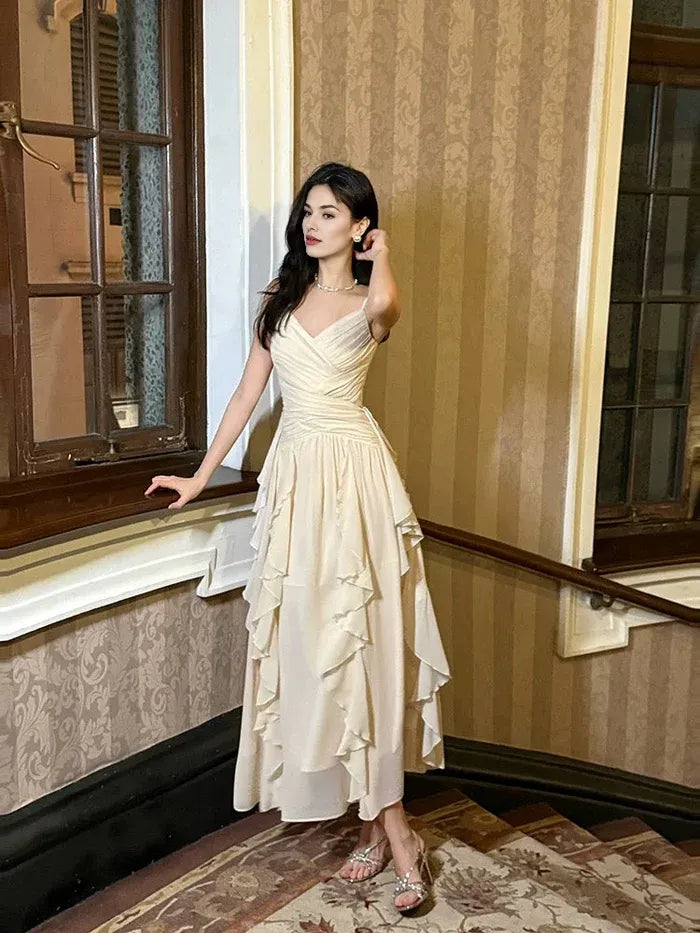 Pretty A Line Spaghetti Straps Pleated Ruffle Chiffon Ankle Length Prom Dress