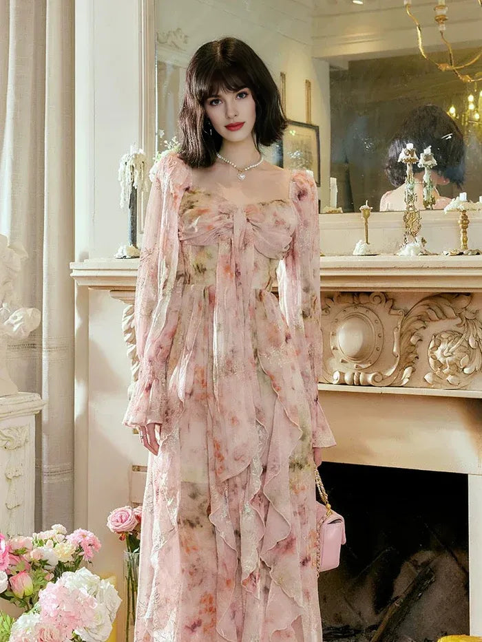 Pretty A Line Sweetheart Long Sleeves Floral Chiffon Pink Ankle Length Prom Dress