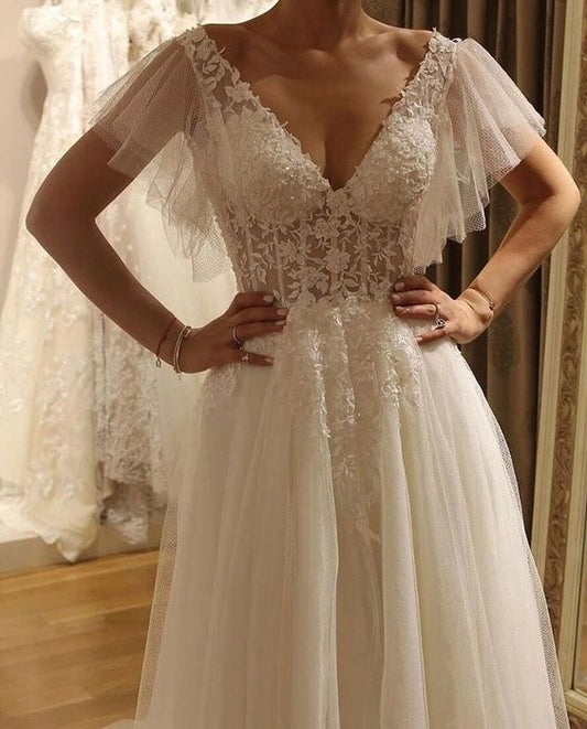 Pretty A Line V-Neck Floral Lace Tulle Appliques Bodycon Discount Floor Length Wedding Gown