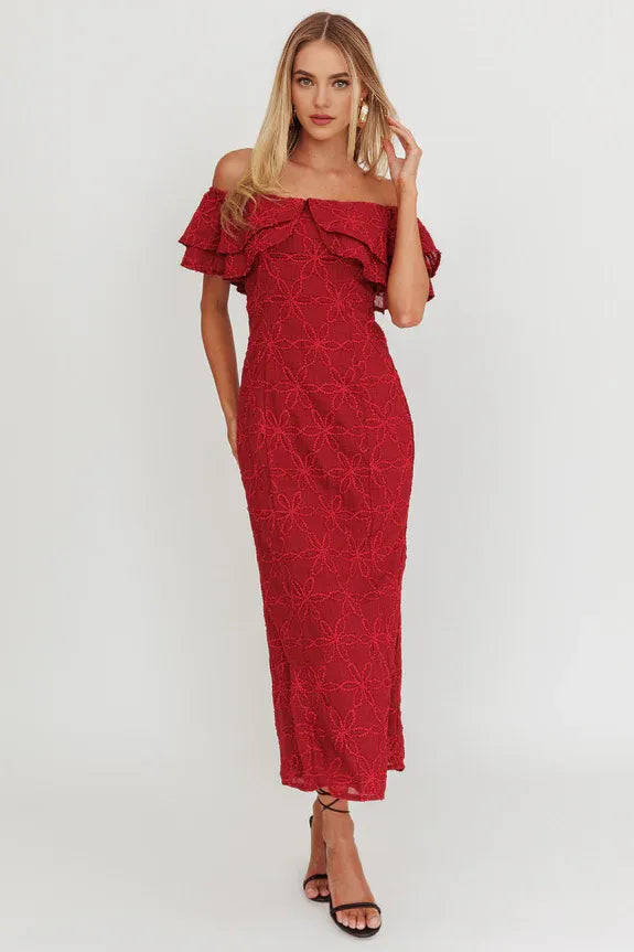 Pretty And Elegant On-Off-Shoulder Cap Sleeves Wine Maxi Evening Dress