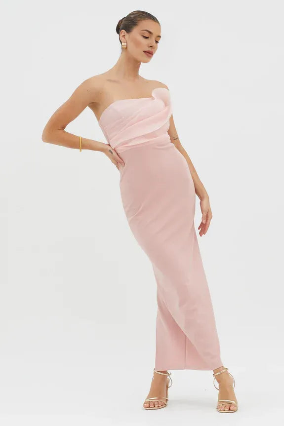 Pretty And Lovely Strapless Bust Accent Blush Maxi Evening Dress With Slit