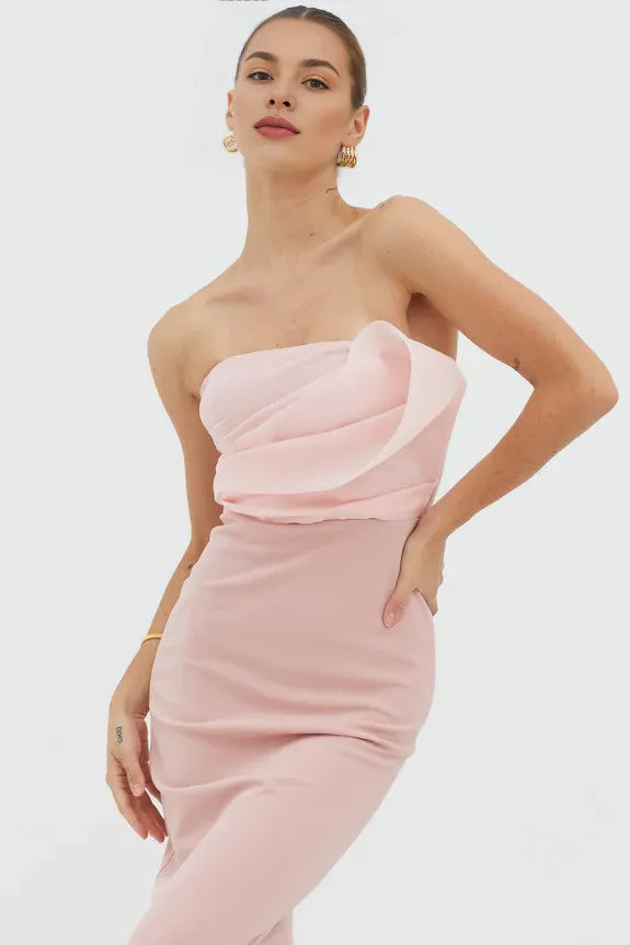 Pretty And Lovely Strapless Bust Accent Blush Maxi Evening Dress With Slit