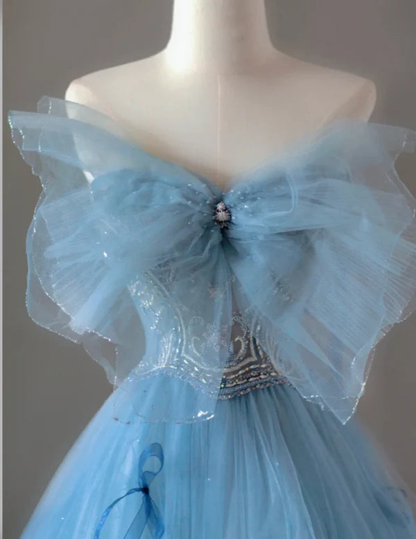 Pretty Ball Gown Blue Tulle Lace With Beaded A-line Strapless Sleeveless Long Prom Dresses Evening Dresses