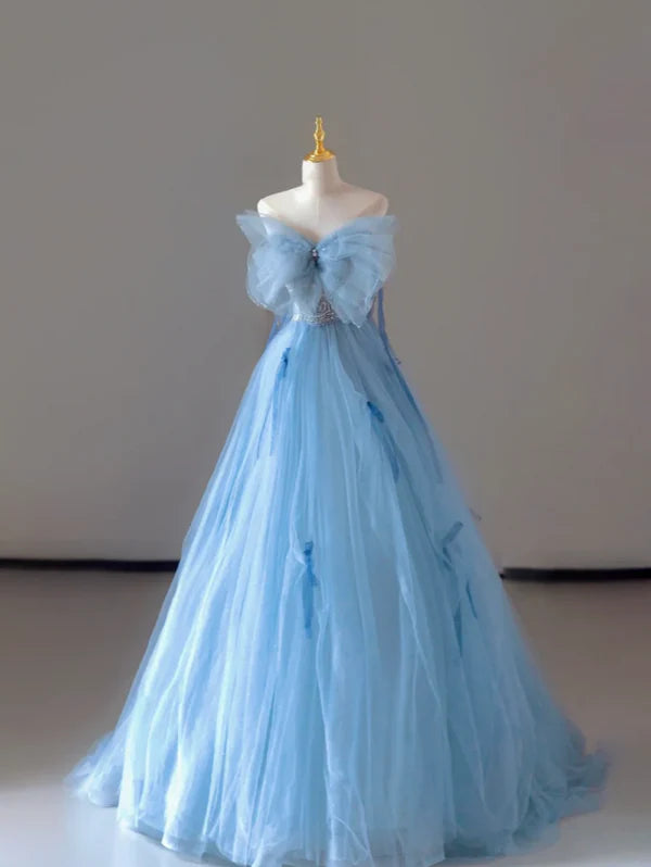 Pretty Ball Gown Blue Tulle Lace With Beaded A-line Strapless Sleeveless Long Prom Dresses Evening Dresses