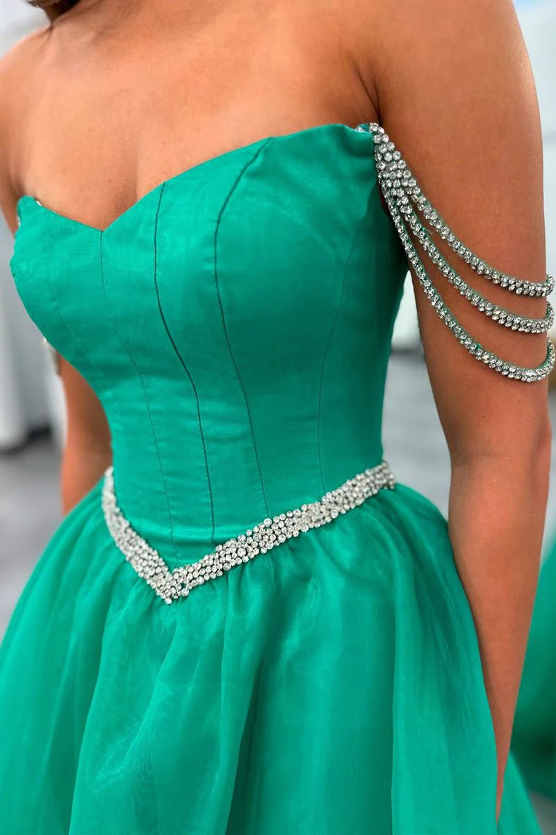 Pretty Ball Gown Green Tulle Strapless Beaded Long Prom Dresses With Slit Hot Sale Evening Dresses for Women